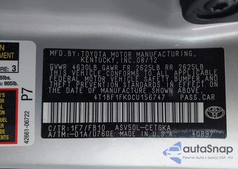 2012 Toyota Camry Xle from USA, damaged, VIN 4T1BF1FK0CU156747